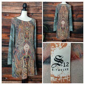 S-Twelve S-12 Y2K Dress L Rhinestone Studded Bohemian Long Sleeve Made in USA
